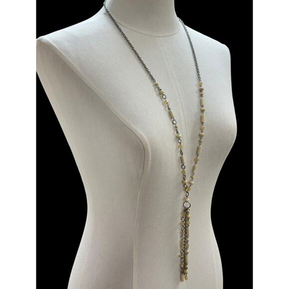 Silvertone Beaded Necklace 34 Inch 5 Inch Drop Cream Beads - Picture 2 of 9